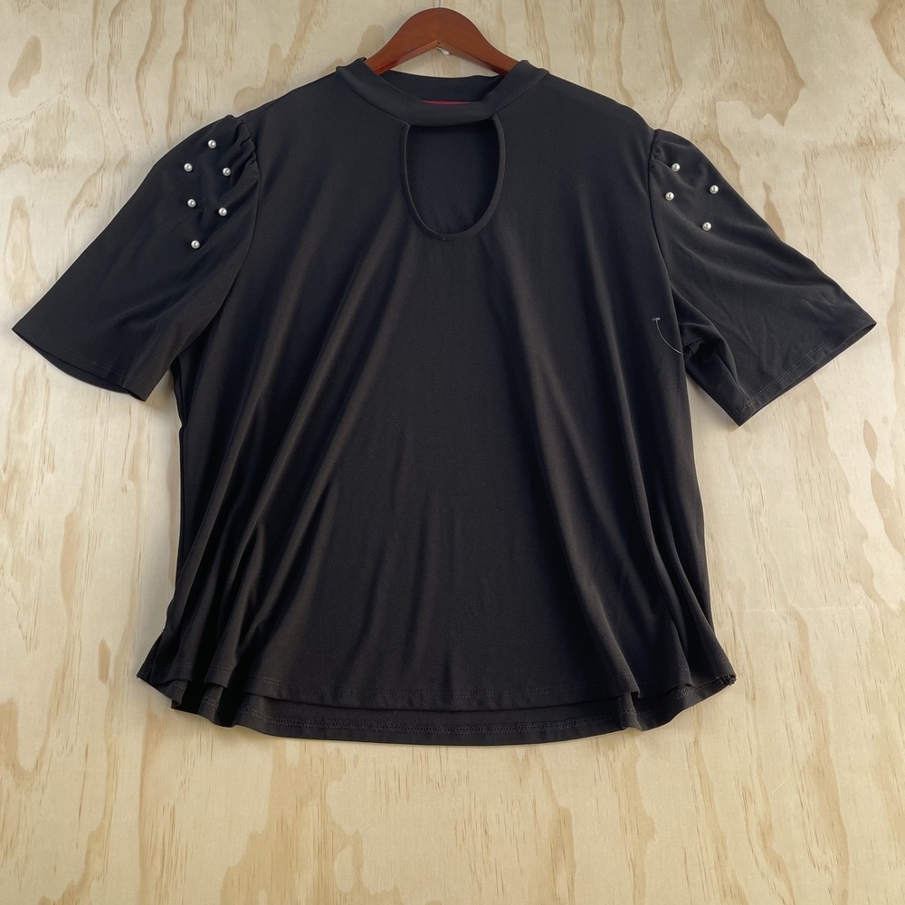 Love Scarlett Blouse Womens 2X Black Keyhole High Neck Pearl Beaded Sleeve Top